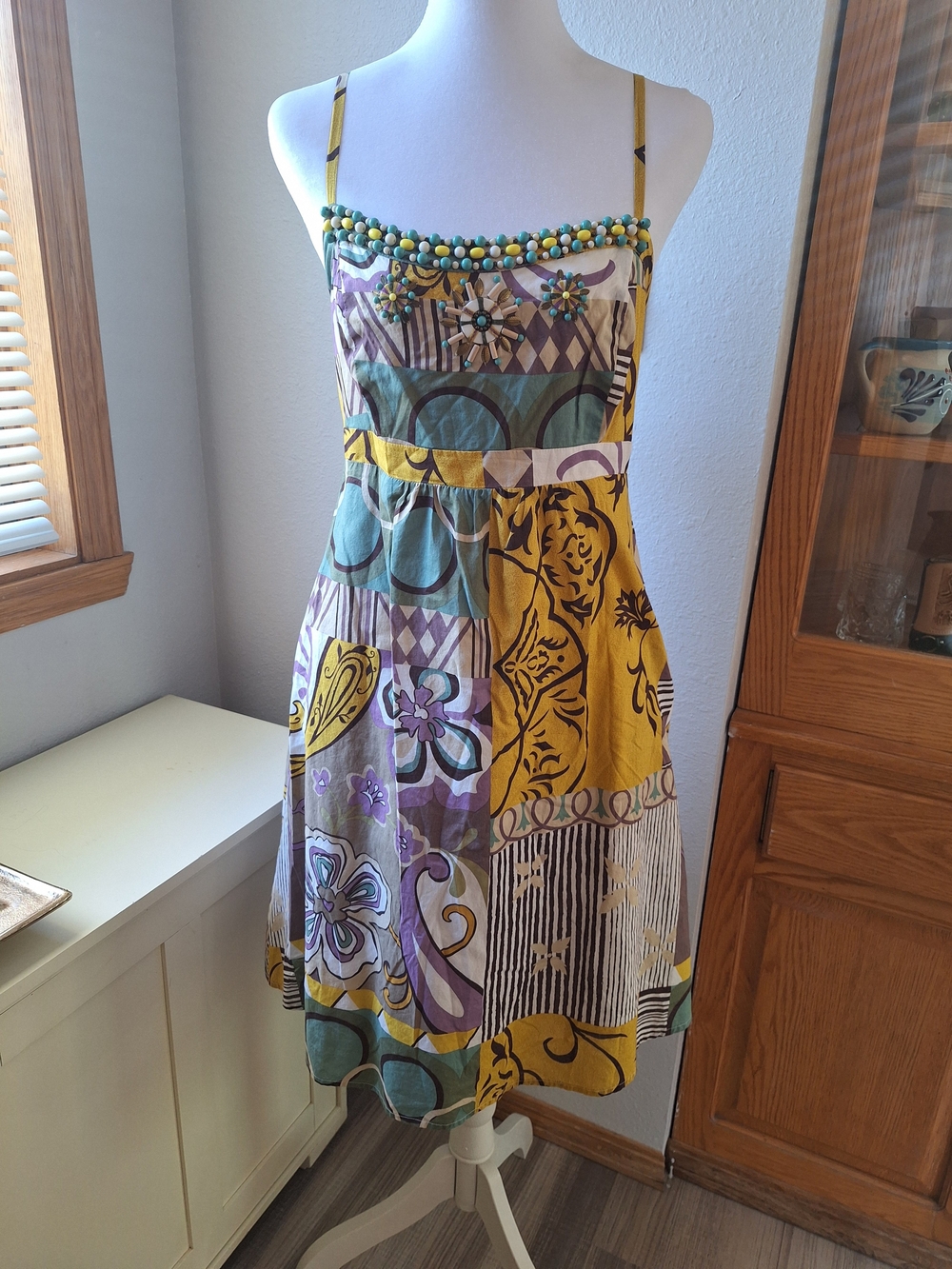 CAbi Beaded Patchwork Mini Dress in Mustard, Teal & Purple